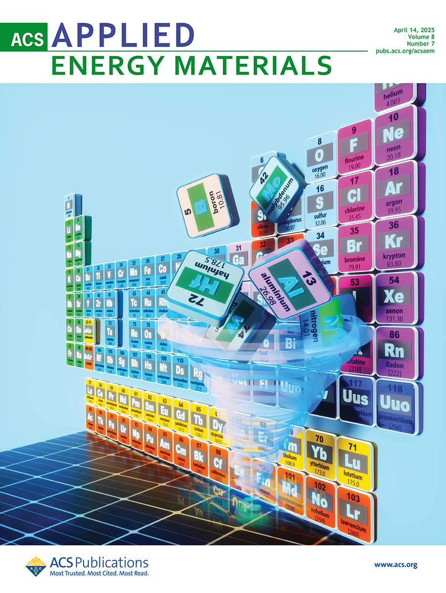 ACS Applied Energy Materials magazine cover that shows a periodic table of elements and a tornado sweeping up some elements
