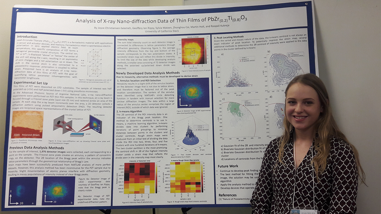Materials science and engineering (MSE) undergraduate student, Joyce Christiansen-Salameh presents their poster at the APS March Meeting uc-davis-materials-science-engineering-aps-women-in-physics-presentation