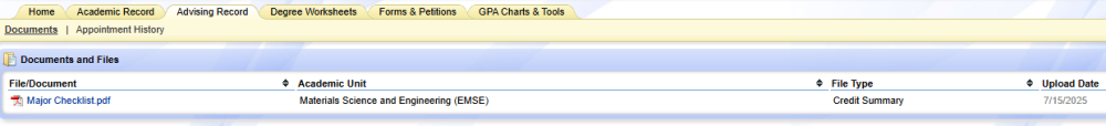 Displays view of OASIS Advising Record with uploaded PDF of Major Checklist