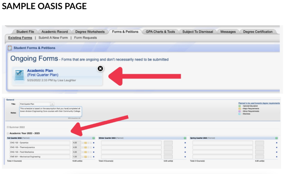 Displays instructions to view OASIS academic plans